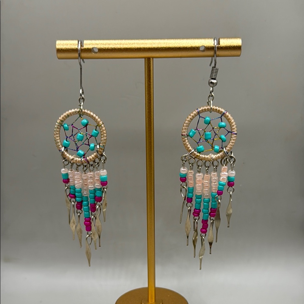 Bohemian Native American Style Dreamcatcher Earrings with Blue Pink Beads